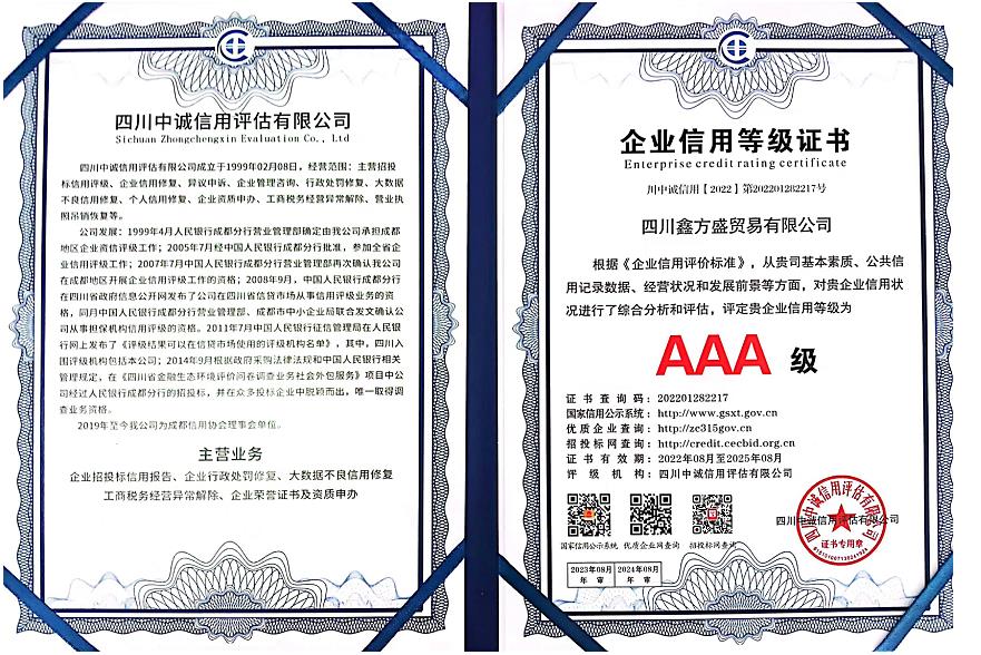 鑫方盛企業信用等級證書